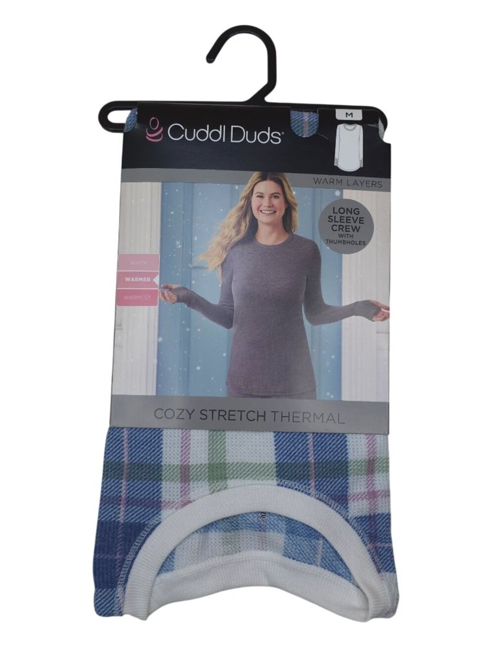 Cuddl Duds Womens M Cozy Stretch Thermal Long Sleeve Crew With Thumbholes Plaid